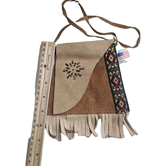 Leather Fringe Bag, Tan, Beaded, X-small - Picture 4 of 6